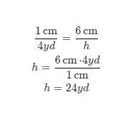 If the scale ratio is 1 cm: 4 yards, then find the height and base of the actual right-example-1