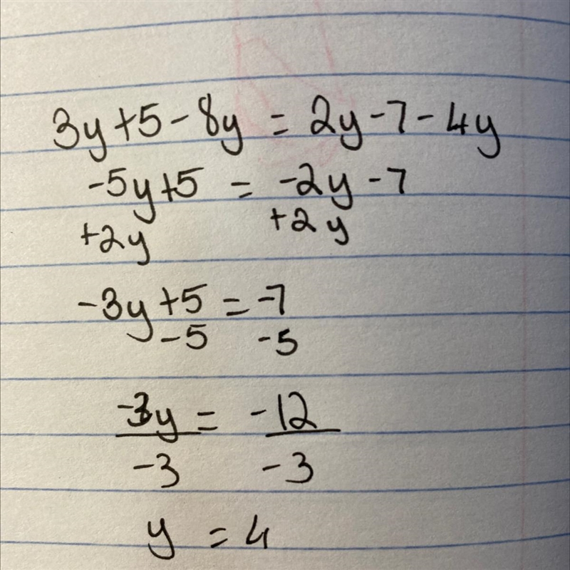 Solve for y: 3y + 5 - 8y = 2y - 7 - 4y A y = - 4 B y = 12/7 C y = 4 D y = 2/3-example-1