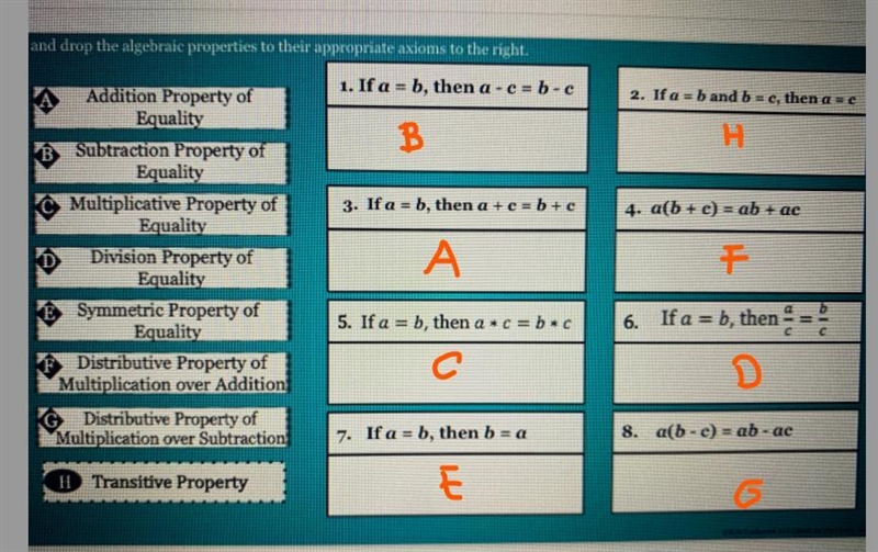 Drag and drop the algebraic properties to their appropriate axioms to the right.-example-1