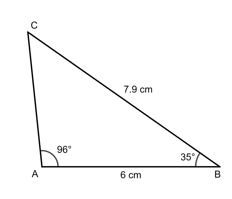 Construct triangle ABC, in which AB = 6cm, angle BAC = 96° and angle ABC = 35°. Measure-example-2