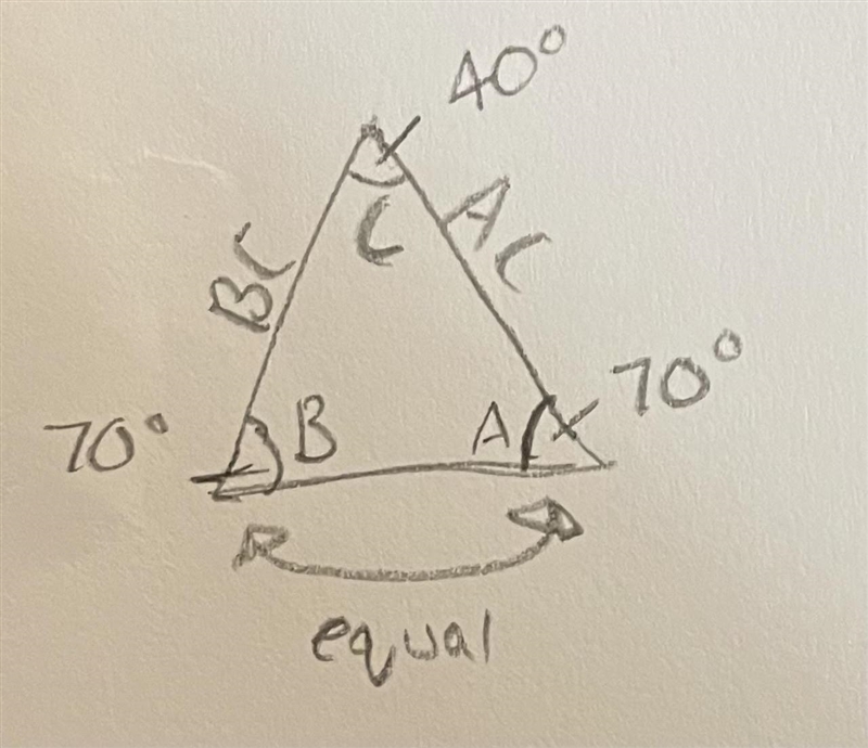 In the figure; Triangle ABC is isosceles with BC=AC . If ∠A = 70, find the values-example-1