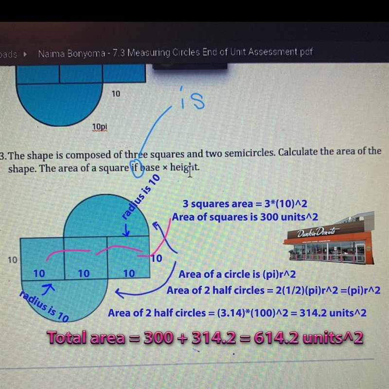 3.The shape is composed of three squares and two semicircles. Calculate the area of-example-1