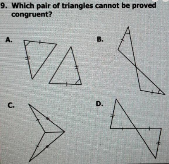 which of the triangles cannot be proved congruent? so a different tutor gave me the-example-1