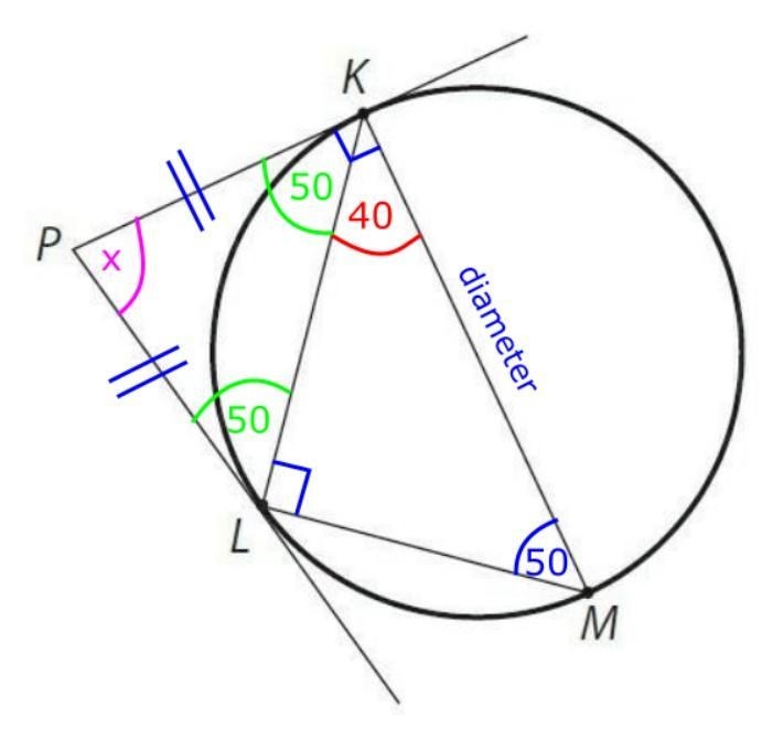 Given : PK and PL - tangent KM perpendicular KP angle KML = 50° Solve - angle KPL-example-1