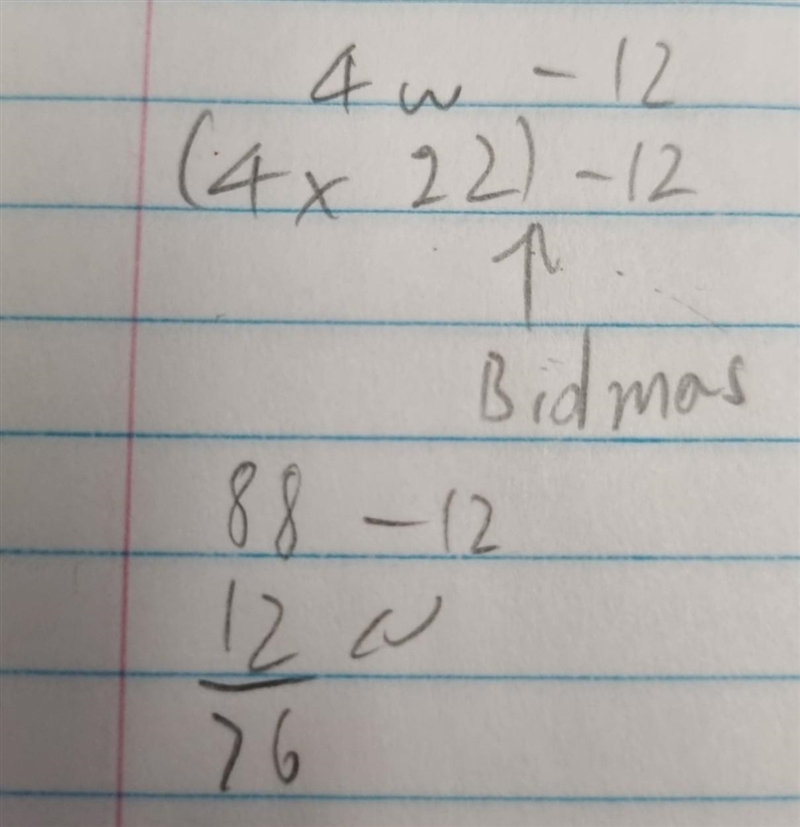 If w = 22, what is the value of 4w − 12? 14 76 100 410-example-1