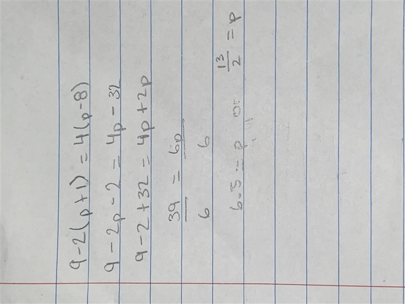 How do I solve 9-2(p+1)=4(p-8)-example-1