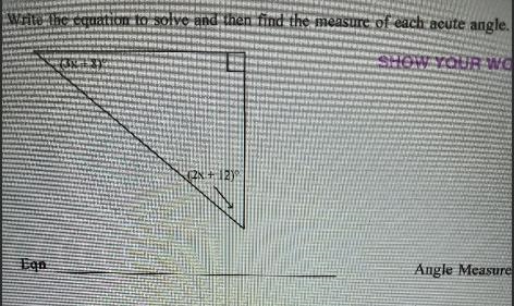 Write the equation to solve and then find the measure of each acute angle(3x + 8° (2x-example-1