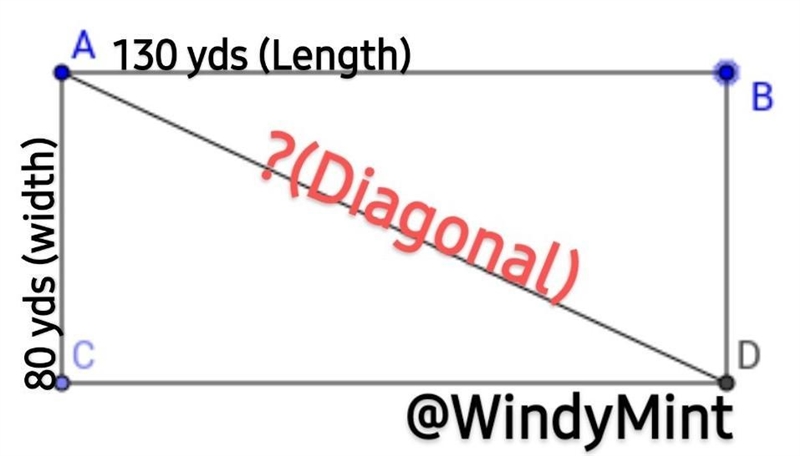 A soccer field is 80 yds wide and 130 yds long. Find the length of the diagonal of-example-1