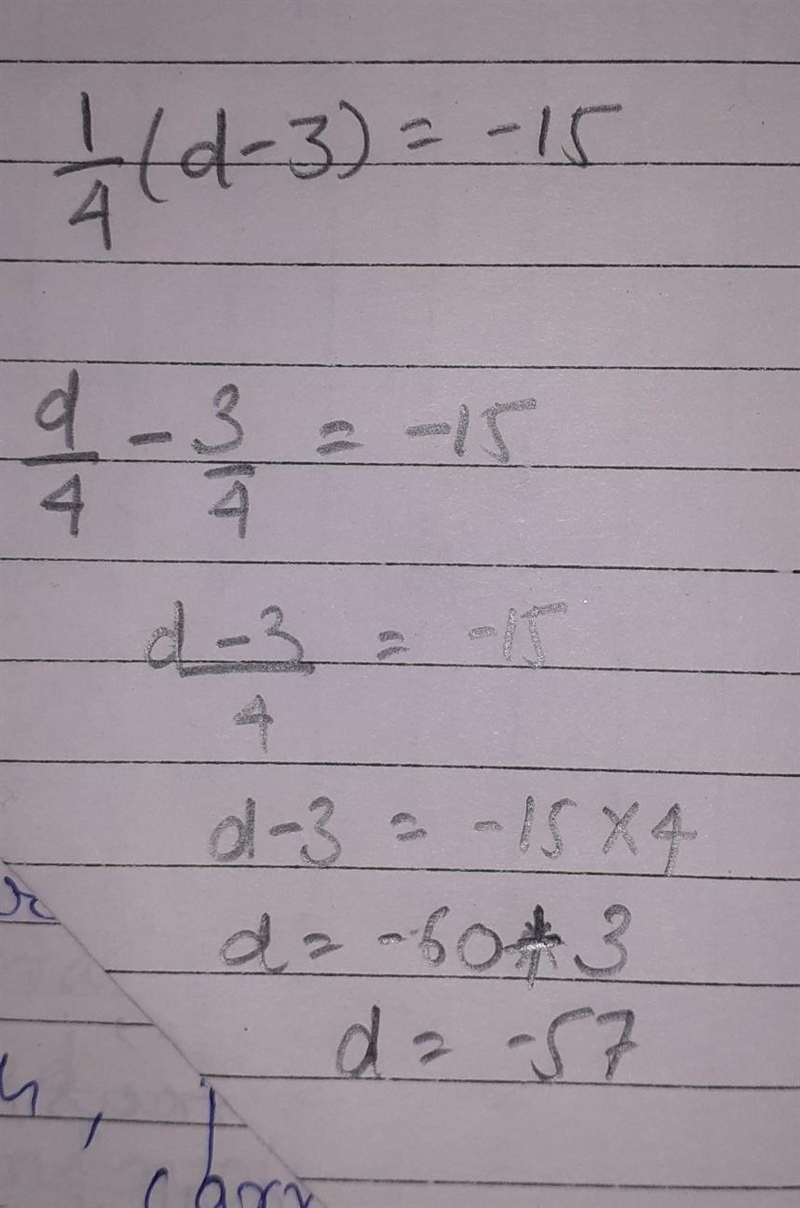 1/4(d-3)=-15 solve for d-example-1