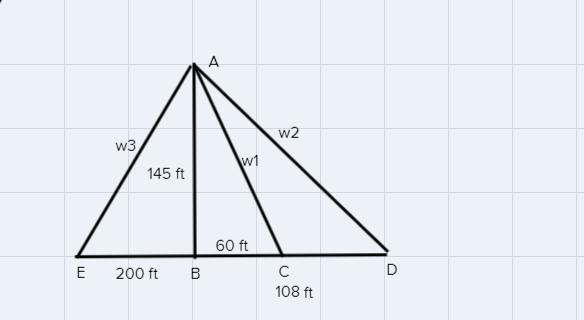 A vertical pole 145 ft high is supported by three guy wires attached to thetop and-example-1