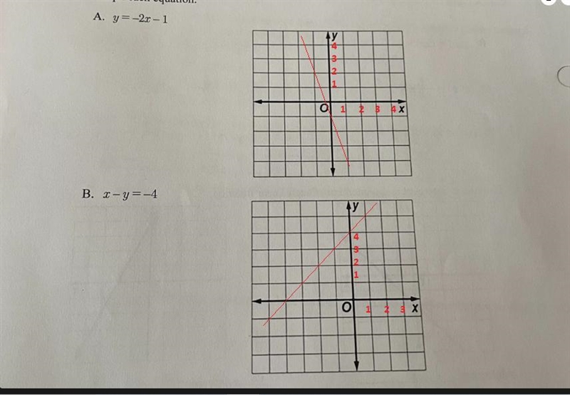 Graph each equation Need help with A. Y= -2x - 1B. X - y = -4-example-1