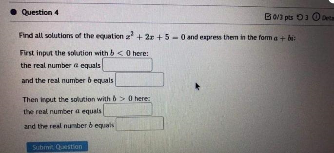 find all solutions of the equation {x}^(2) + 2x + 5 = 0first input the solution with-example-1