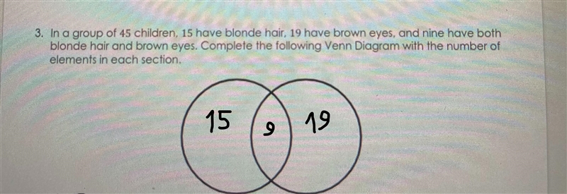 In a group of 45 children, 15 have blonde hair, 19 have brown eyes, and nine have-example-1