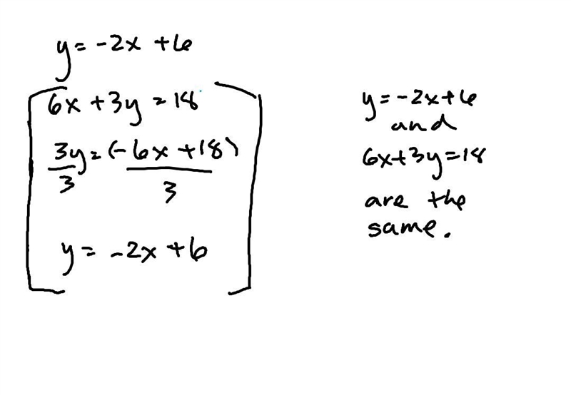 Graph the following equations and determin y=-2x + 6 6x+3y=18-example-3