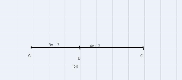 BC = 4x+2, AB= 3x+3 and AC = 26. Find measure of BC. A B C-example-1