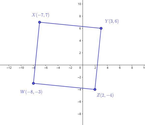 The coordinates for a quadrilateral are W(-8, -3), X(-7, 7), Y(3, 6) and Z(2, -4). Determinethe-example-1