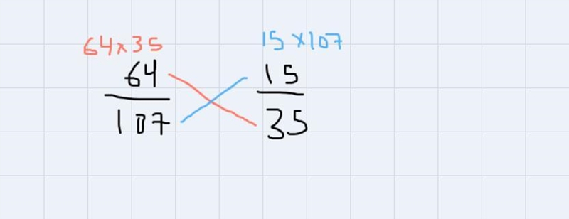 Which is bigger, 64/107 or 15/35. my calculator says 64/107 is bigger but that’s not-example-1