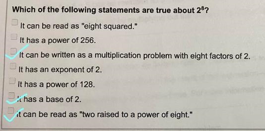 Which of the following statements are true about 2^8?It can be read as "eight-example-2