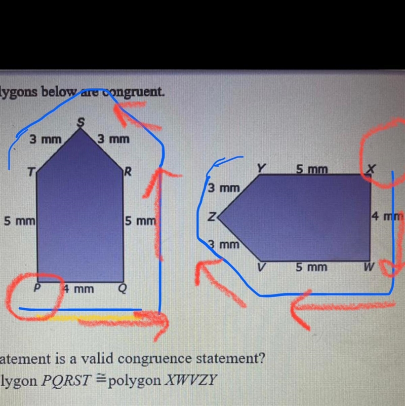 2. The two polygons below are congruent. Which statement is a valid congruence statement-example-1