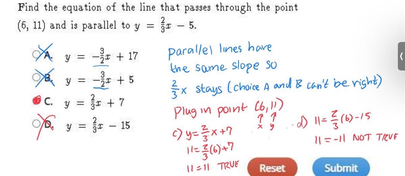 Please help! Find the equation of the line that passes through the point (6, 11) and-example-1