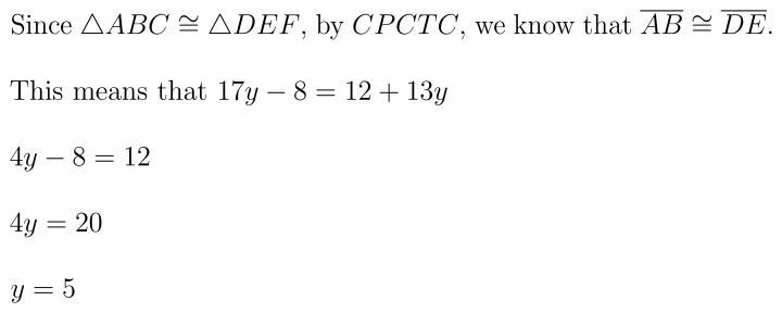 Find the value of y. AABC = ADEF A 17y - 8 B (11x - 4) D 23 117 12 + 13y 'C E-example-1