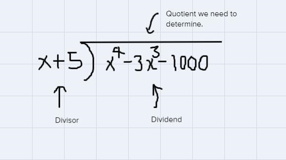 X^4-3x^3-1,000 / x+5. It is x to the 4th power - 3x to the third power - 1,000 all-example-1