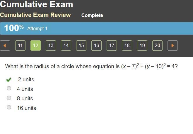 What is the radius of a circle whose equation is (x – 7)2 + (1 - 10)2 = 4?2 units-example-1