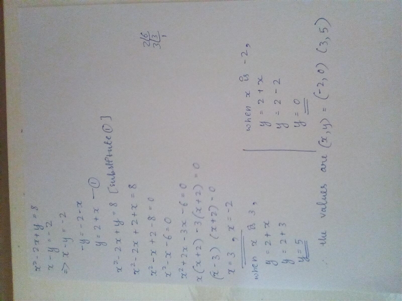 What is the solution to the following system of equations? x^2– 2x + y = 8 x-y=-2-example-1