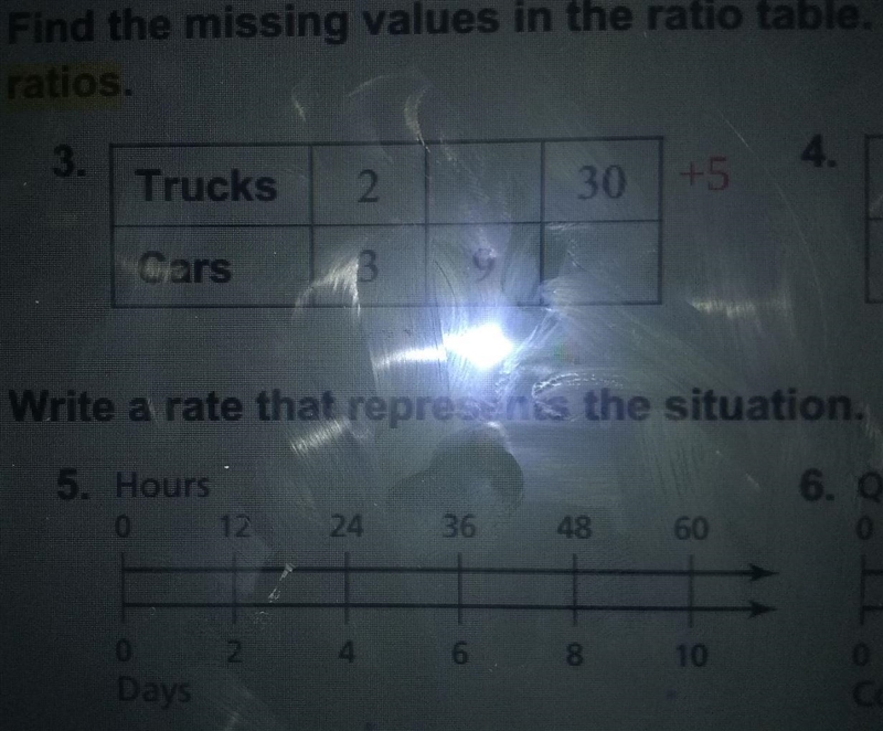 Find the missing values in the ratio tab atios. 4 Trucks 2 30 +5 Cars 3 9 Write a-example-1