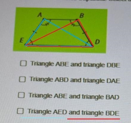 ABDE is an isosceles trapezoid.Select all pairs of congruent triangles.1. Triangle-example-4