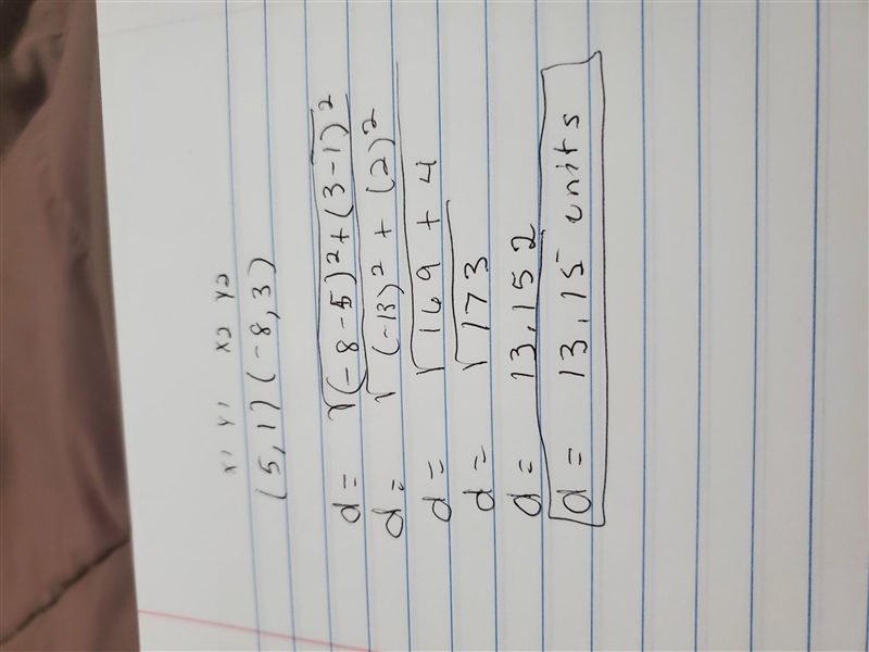 Find the distance of the line segment with the given endpoints. (5, 1) and (-8, 3) d-example-1