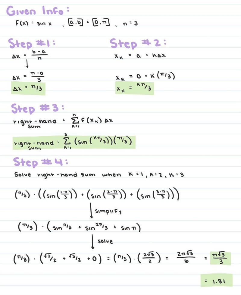 Use a right-hand sum with 3 intervals to approximate the area under f(x) = sin x between-example-1