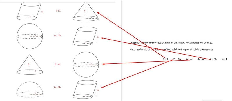 Match each ratio of the volumes of two solids to the pair of solids it represents-example-1