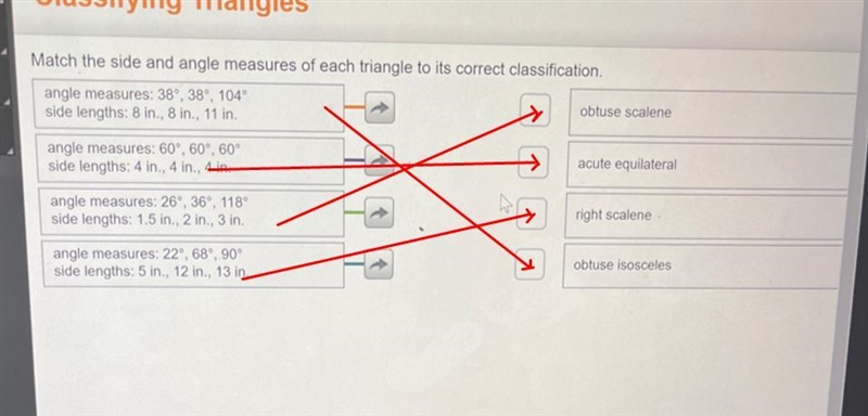 Match the side and angle measures of each triangle to its correct classification.angle-example-1