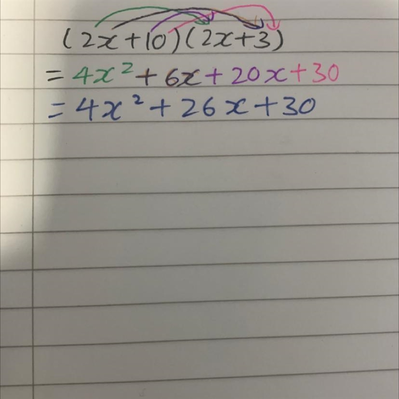 Express as a trinomial. (2x+10)(2x+3)-example-1