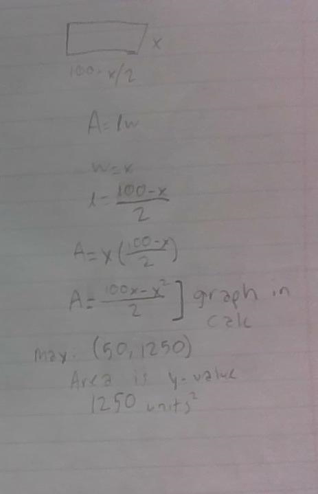 If the width of a rectangle plot is “x” and the length of the plot is 100-x/2, what-example-1