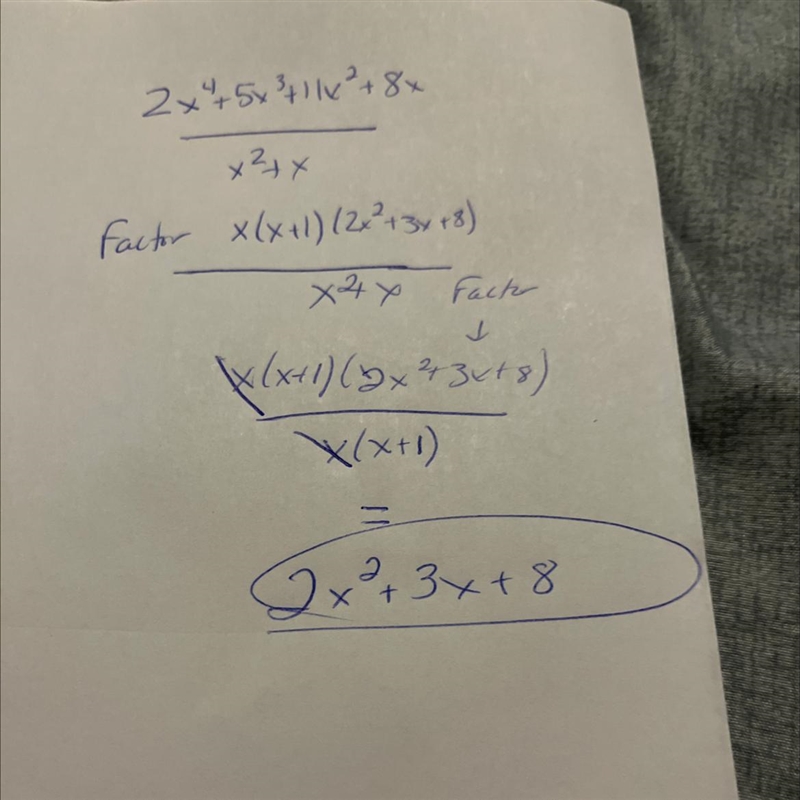 Divide 2x^4+5x^3+11x^2+8x by x^2+x-example-1