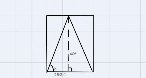 An A-frame house is 40 feet high and 25 feet wide. Find the measure ofthe angle that-example-1