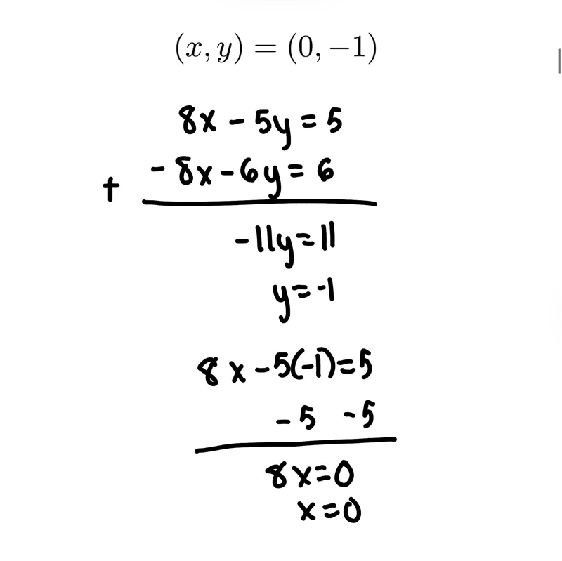 Solve the following system of equations using the elimination method. 8x – 5y = 5 –8x-example-1