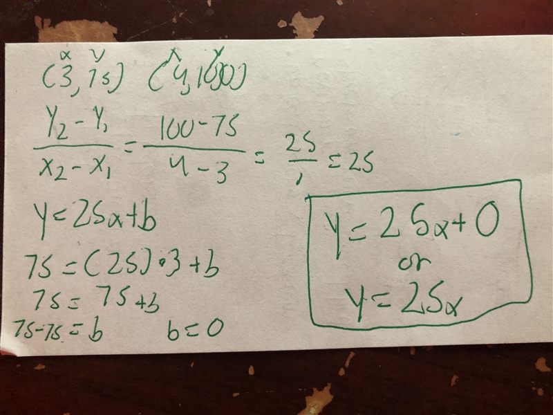 A line passes through the points (3,75) and (4,100). what is the slope of the line-example-1