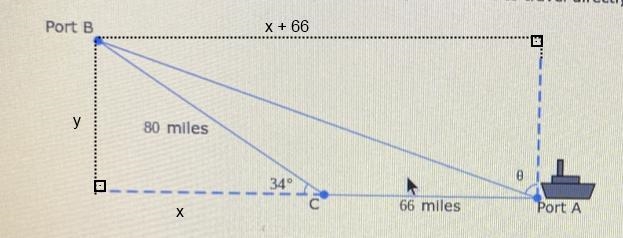 A ship leaves Port A and travels 66 miles due west to point C. If then adjusts to-example-1