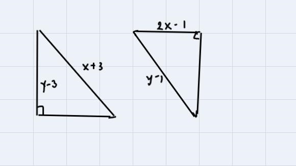 10. Find the values of x and y that make these triangles congruent by the HLTTheorem-example-1