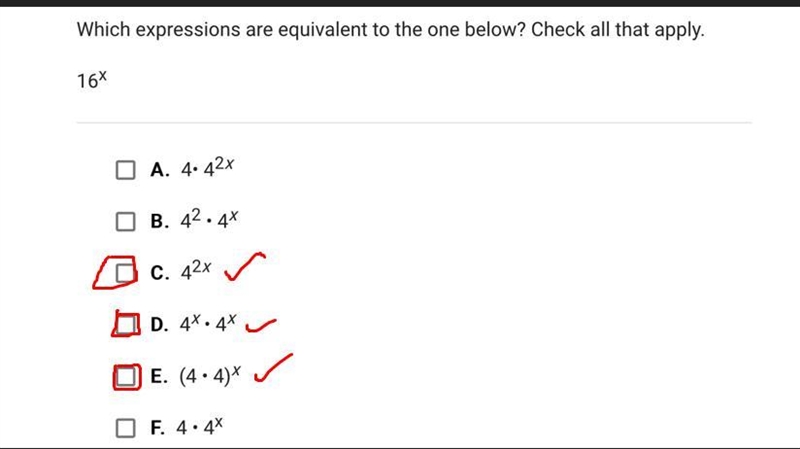 Which expressions are equivalent to the one below? Check all that apply.9xA.x5B.9 • 9x-example-1