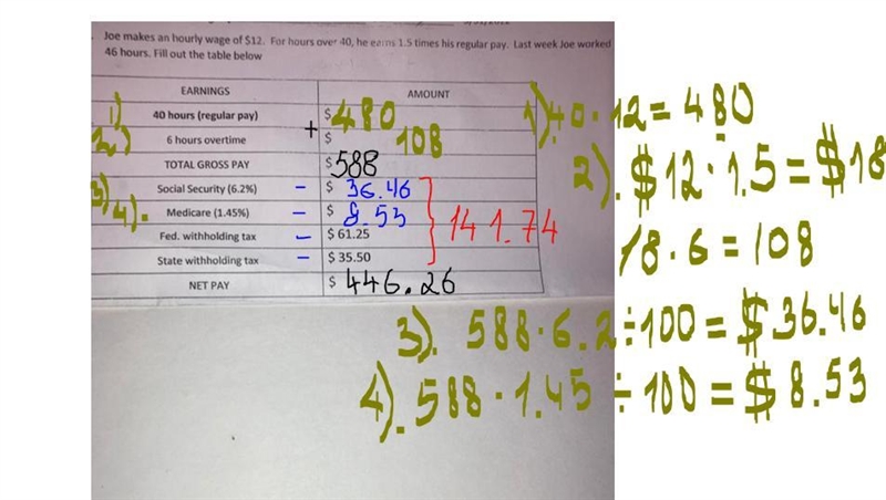 Joey makes an hourly wage of $12. For hours over 40, he earns 1.5 times his regular-example-1