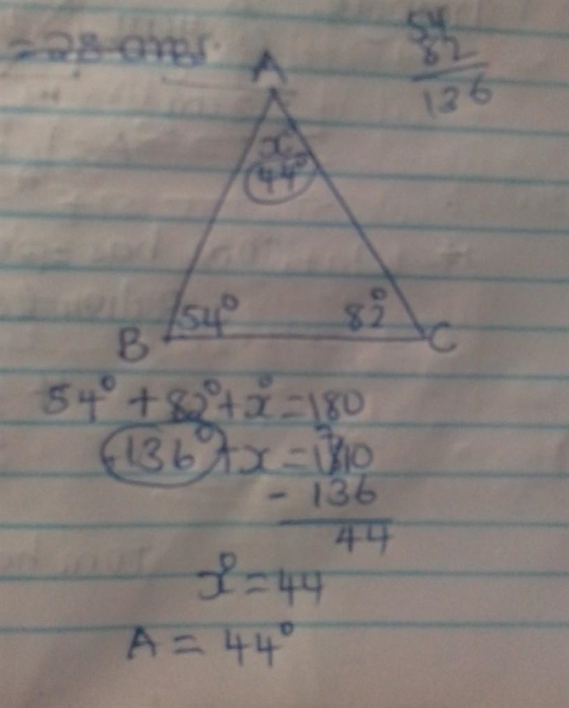 What is the measure of Angle A in the triangle shown?-example-1