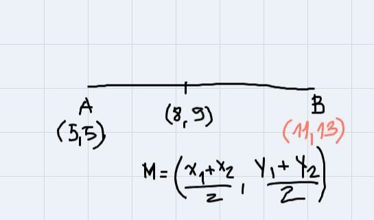 The midpoint of AB M (8,9). One endpoint is A (5,5). Find the coordinates of endpoint-example-2