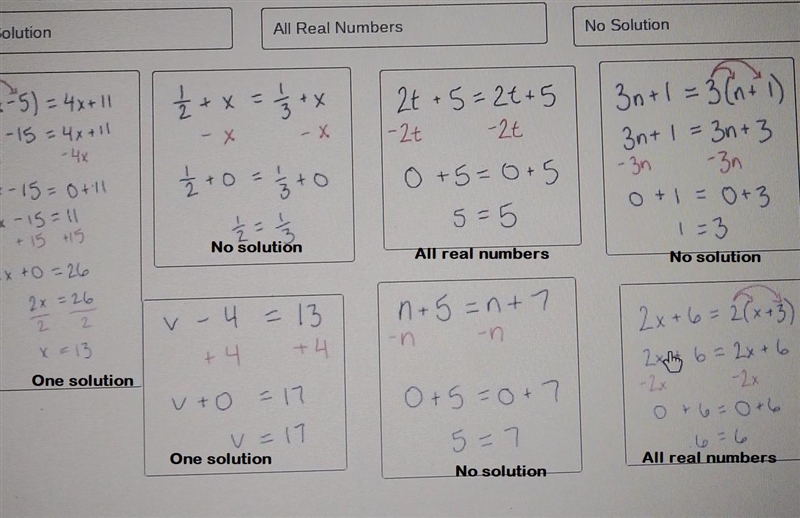 Group the equations based on weather there is one solution, or a solution of all real-example-2