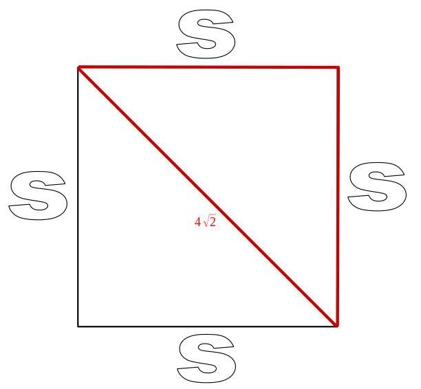 Diagonal of a square is 4 root 2. Find the length of a side of a square-example-1