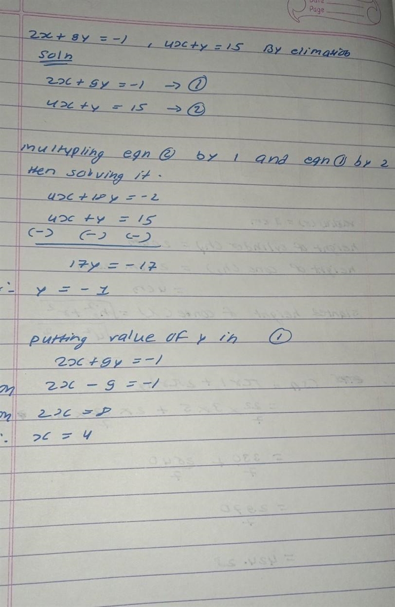 2×+9y=-1 4x+ y=15 By elimination help please​-example-1