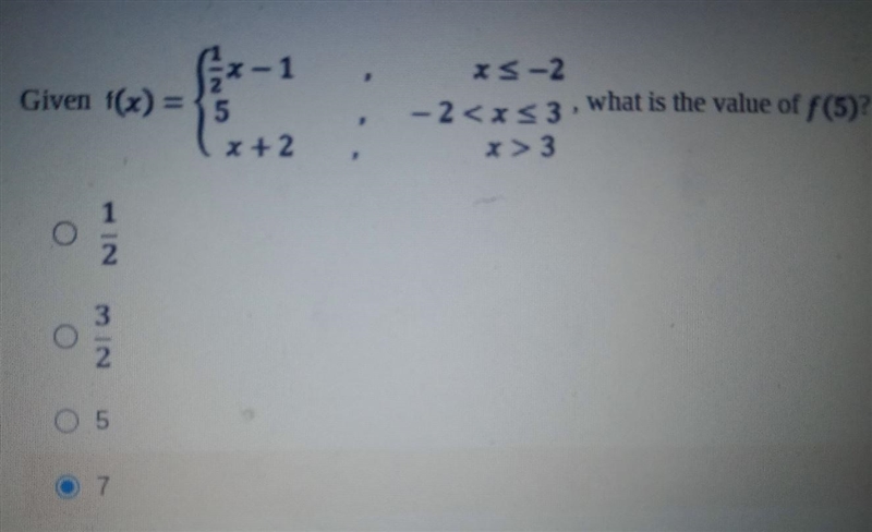 1 Given f(x) what is the value of f(5)? (1 point) 1 3 O 2 O 5 7.-example-1